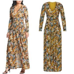 Tanya Taylor Ciara Maxi Dress Jersey Floral V-Neck Ruched Long Sleeve Side Slit